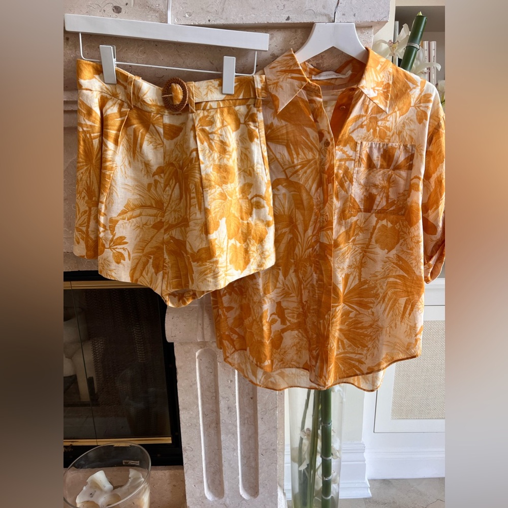 Zimmermann Yellow Floral Short Sleeve Shirt size 0 and Shorts Size 1
